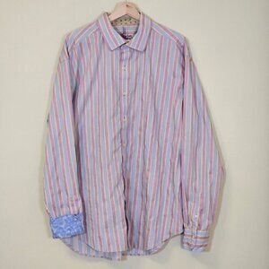 Robert Graham Shirt Men 2XL Stripes Floral LS Flip Cuffs Boho Geo Embroidery